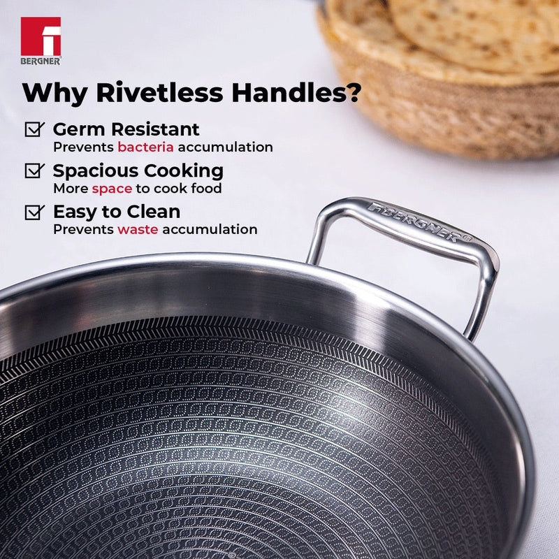 Bergner Hitech Tri-Ply Stainless Steel Non-Stick Kadhai with Lid - Induction Bottom