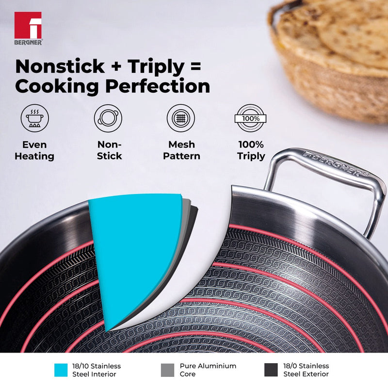 Bergner Hitech Tri-Ply Stainless Steel Non-Stick Kadhai with Lid - Induction Bottom