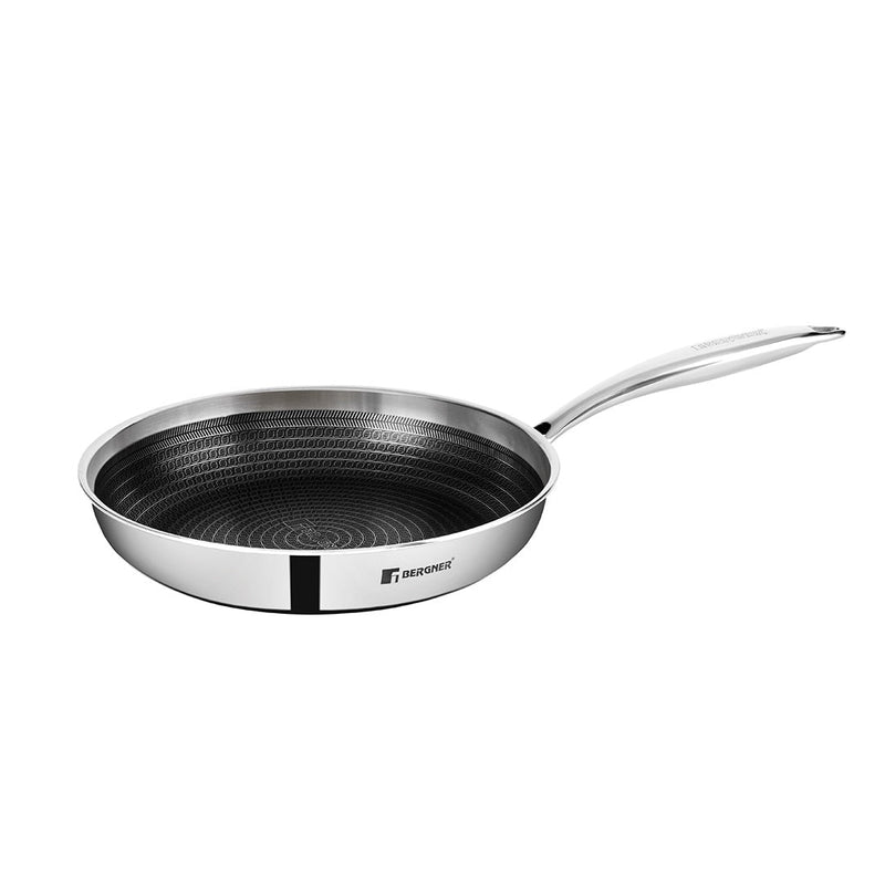 BERGNER Hitech Triply Stainless Steel Scratch Resistant Non Stick Frypan, Induction Base, Food Safe (PFOA Free)