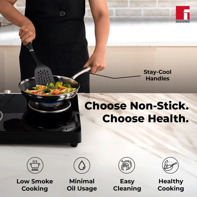Bergner Hitech Tri-Ply Stainless Steel Non-Stick Frypan with Lid - Induction Bottom
