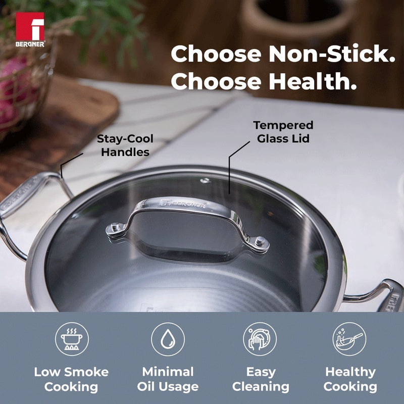 Bergner Hitech Tri-Ply Non-Stick Stainless Steel Casserole with Lid - Induction Bottom