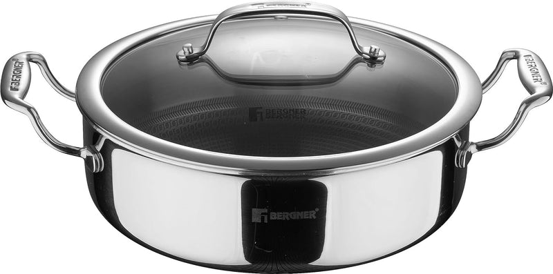 Bergner Hitech Tri-Ply Stainless Steel Non-Stick Cook & Serve 24 cm Pan (3.3 Liters) Cooking Pot with Glass Lid - Induction Bottom