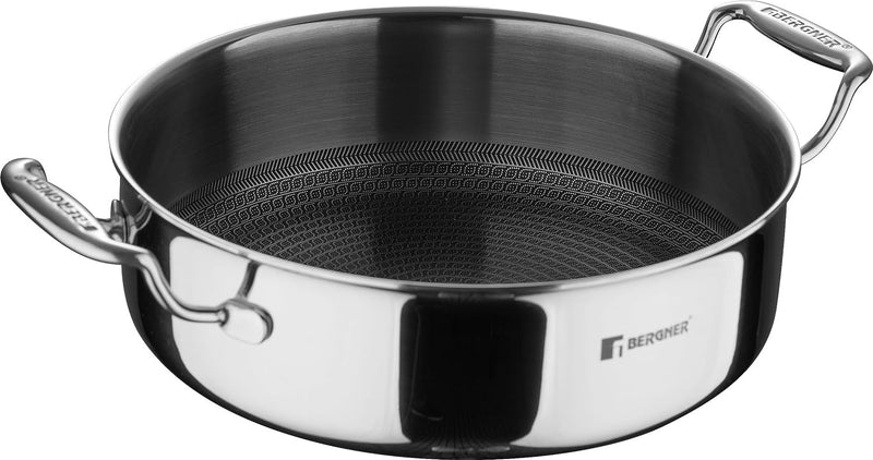 Bergner Hitech Tri-Ply Stainless Steel Non-Stick Cook & Serve 24 cm Pan (3.3 Liters) Cooking Pot with Glass Lid - Induction Bottom