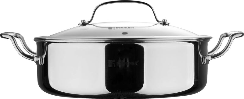Bergner Hitech Tri-Ply Stainless Steel Non-Stick Cook & Serve 24 cm Pan (3.3 Liters) Cooking Pot with Glass Lid - Induction Bottom