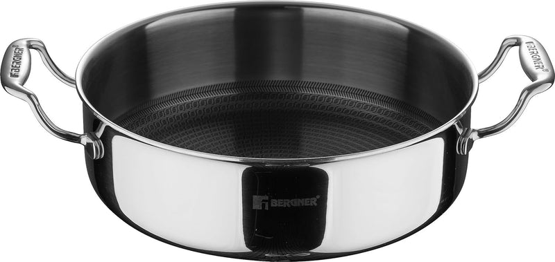Bergner Hitech Tri-Ply Stainless Steel Non-Stick Cook & Serve 24 cm Pan (3.3 Liters) Cooking Pot with Glass Lid - Induction Bottom