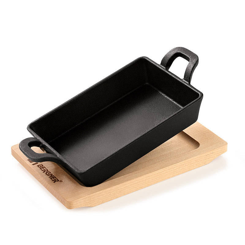Bergner Cook & Share Cast Iron Mini Pan, Comes with Wooden Tray - Induction Bottom