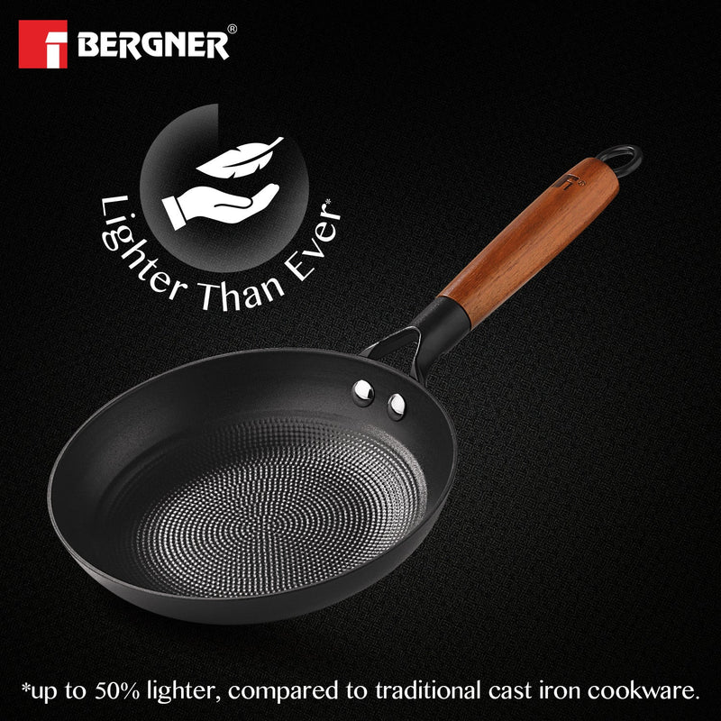 Bergner Odin Lightweight cast Iron Frypan with Wooden Coated Handle - Induction Bottom