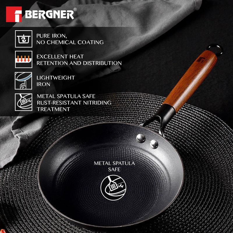 Bergner Odin Lightweight cast Iron Frypan with Wooden Coated Handle - Induction Bottom