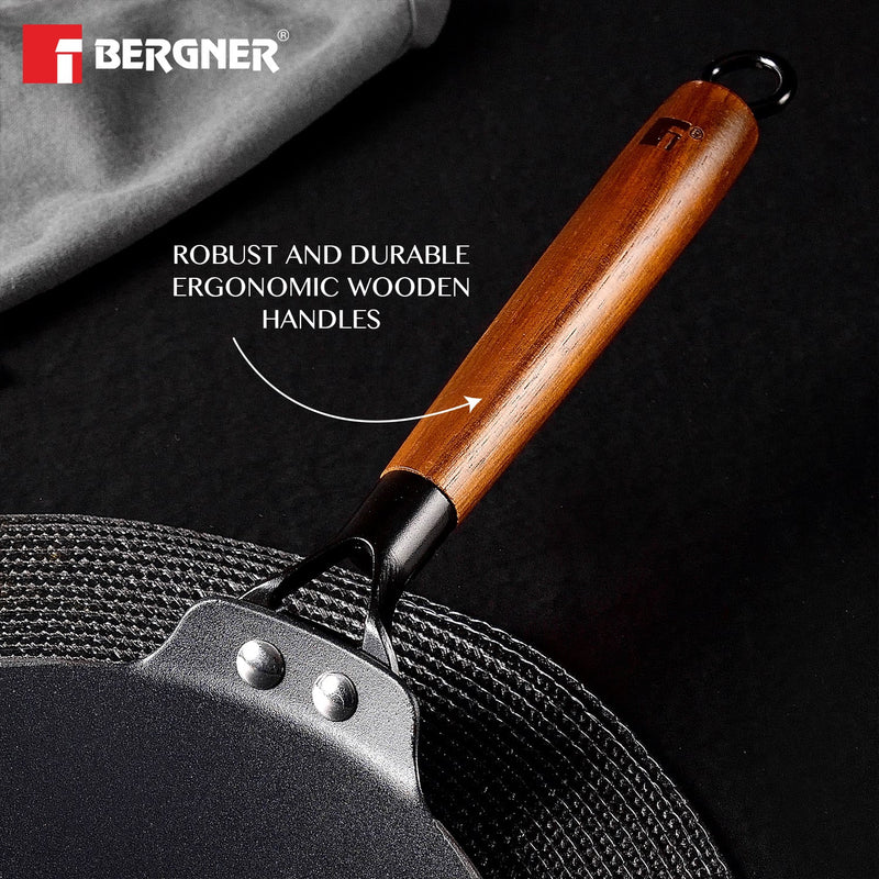 Bergner Odin 26 cm Lightweight cast Iron Roti Tawa with Wooden Coated Handle - Induction Bottom