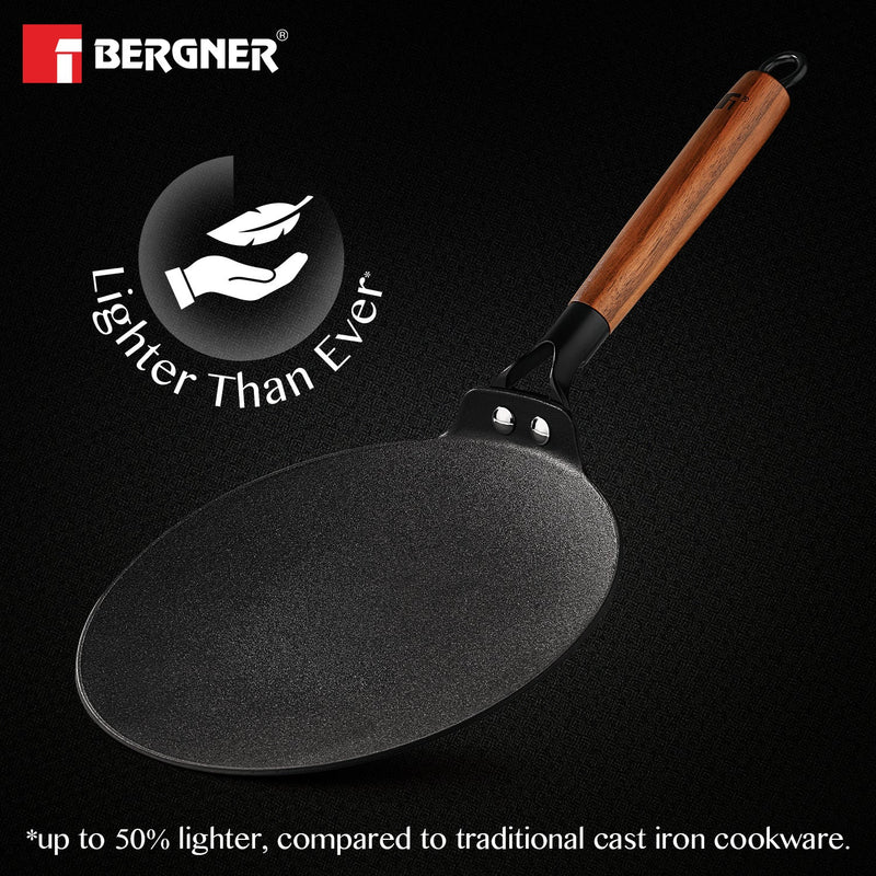 Bergner Odin 26 cm Lightweight cast Iron Roti Tawa with Wooden Coated Handle - Induction Bottom
