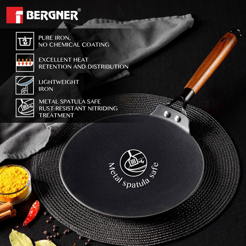 Bergner Odin 26 cm Lightweight cast Iron Roti Tawa with Wooden Coated Handle - Induction Bottom