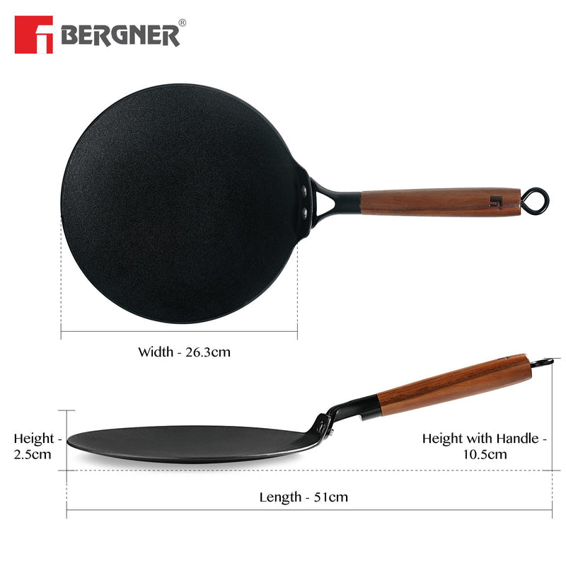 Bergner Odin 26 cm Lightweight cast Iron Roti Tawa with Wooden Coated Handle - Induction Bottom