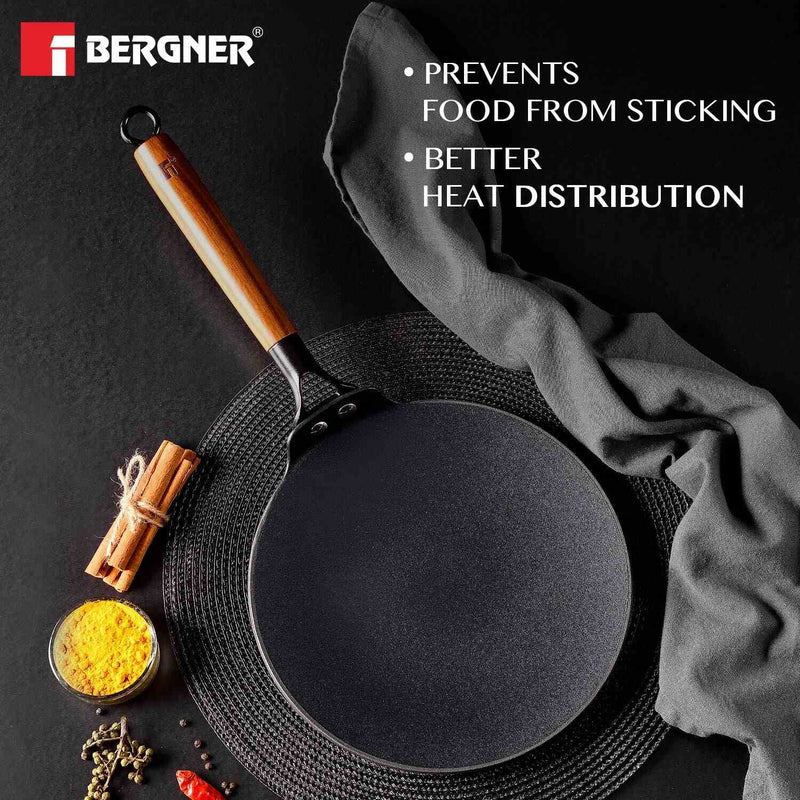 Bergner Odin 26 cm Lightweight cast Iron Roti Tawa with Wooden Coated Handle - Induction Bottom