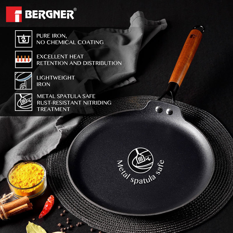 Bergner Odin Lightweight cast Iron Dosa Tawa with Wooden Coated Handle - Induction Bottom