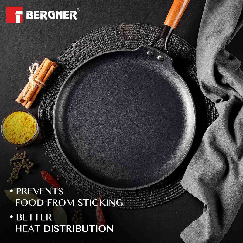Bergner Odin Lightweight cast Iron Dosa Tawa with Wooden Coated Handle - Induction Bottom