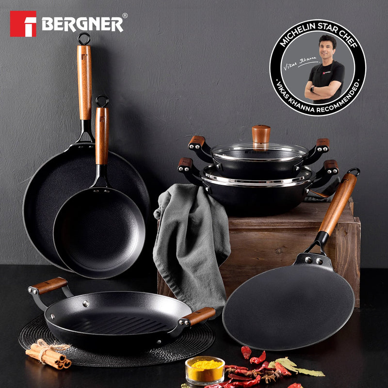 Bergner Odin 26 cm Lightweight cast Iron Roti Tawa with Wooden Coated Handle - Induction Bottom