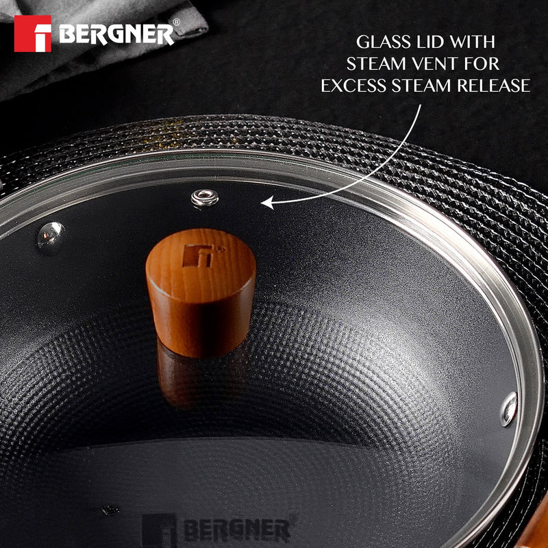 Bergner Odin Lightweight cast Iron Kadai with Glass Lid, Enamel Finish - Induction Bottom