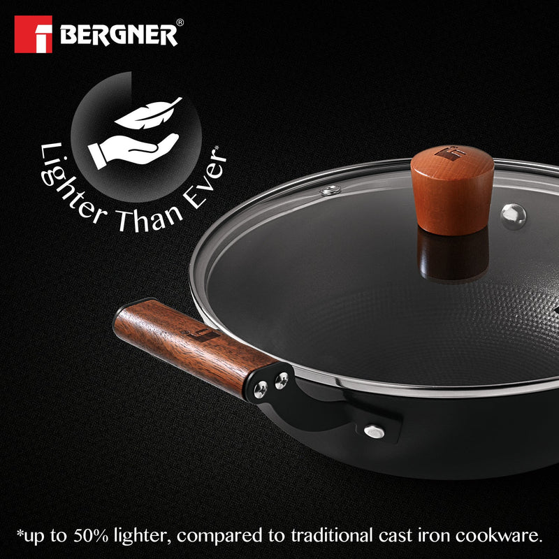 Bergner Odin Lightweight cast Iron Kadai with Glass Lid, Enamel Finish - Induction Bottom