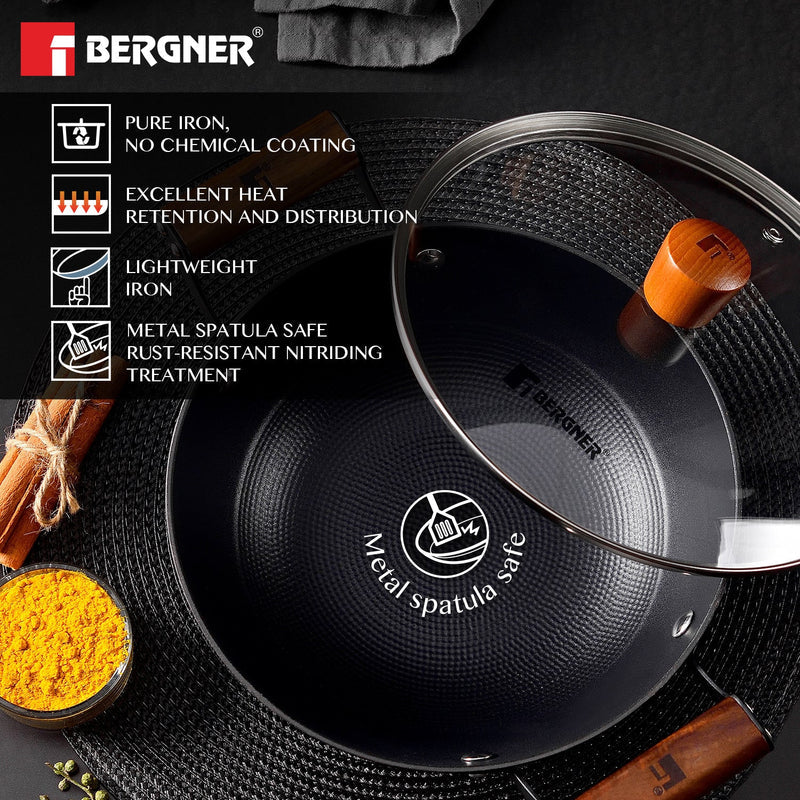 Bergner Odin Lightweight cast Iron Kadai with Glass Lid, Enamel Finish - Induction Bottom
