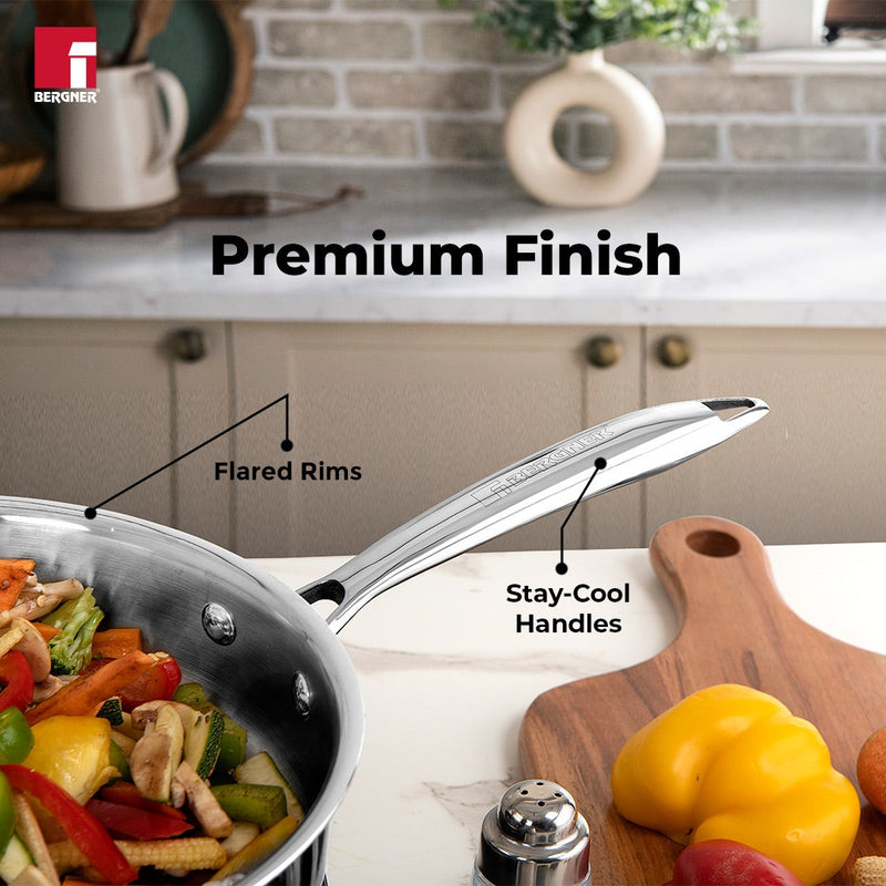 Bergner Argent Tri-Ply Stainless Steel Sautepan with Stainless Steel Lid - Induction Bottom