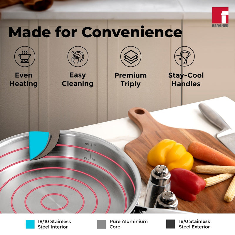 Bergner Argent Tri-Ply Stainless Steel Sautepan with Stainless Steel Lid - Induction Bottom