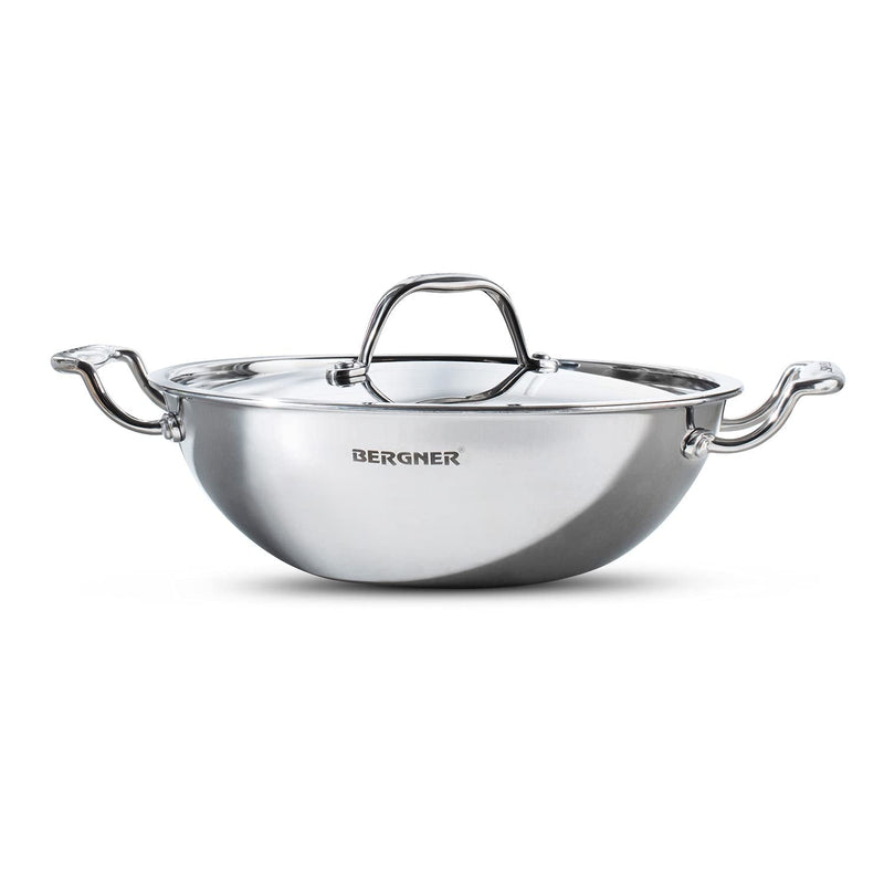 Bergner Argent Tri-Ply Stainless Steel Kadai with Stainless Steel Lid - Induction Bottom