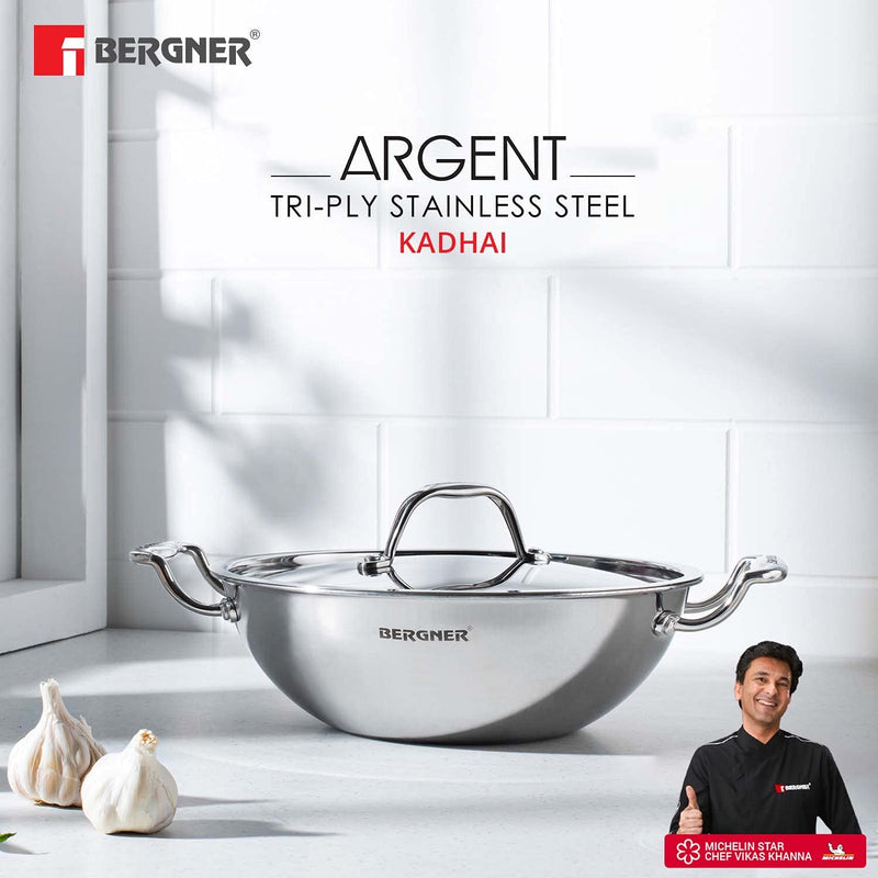 Bergner Argent Tri-Ply Stainless Steel Kadai with Stainless Steel Lid - Induction Bottom