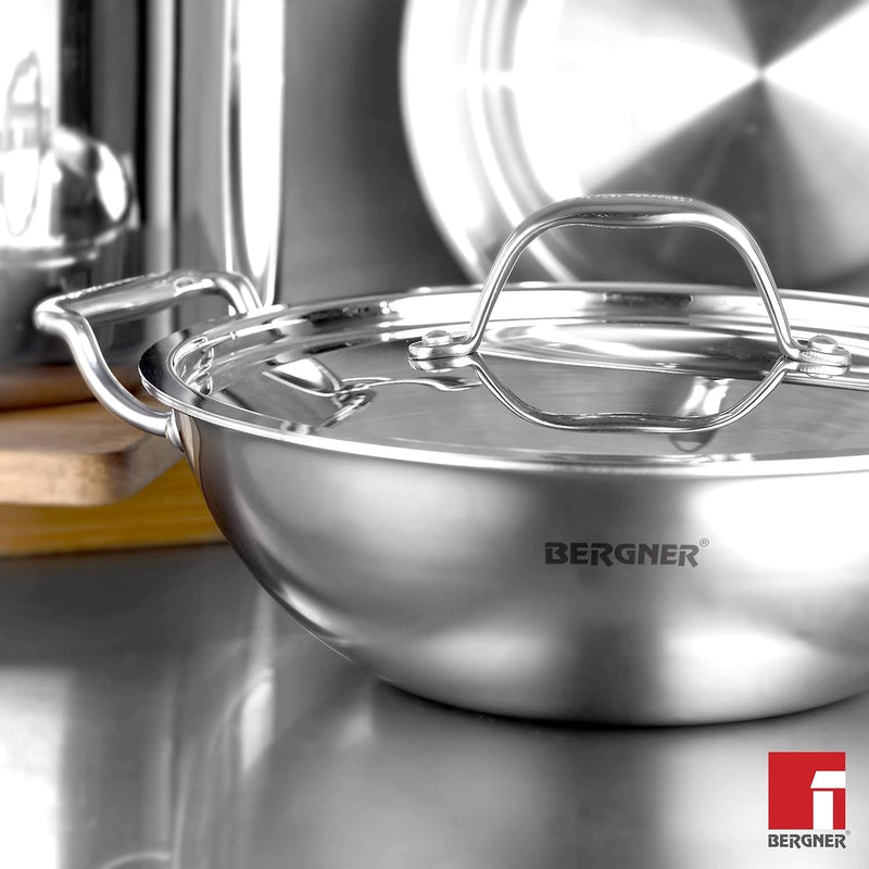 Bergner Argent Tri-Ply Stainless Steel Kadai with Stainless Steel Lid - Induction Bottom