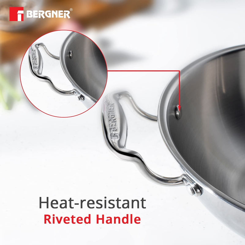 Bergner Argent Tri-Ply Stainless Steel Kadai with Stainless Steel Lid - Induction Bottom