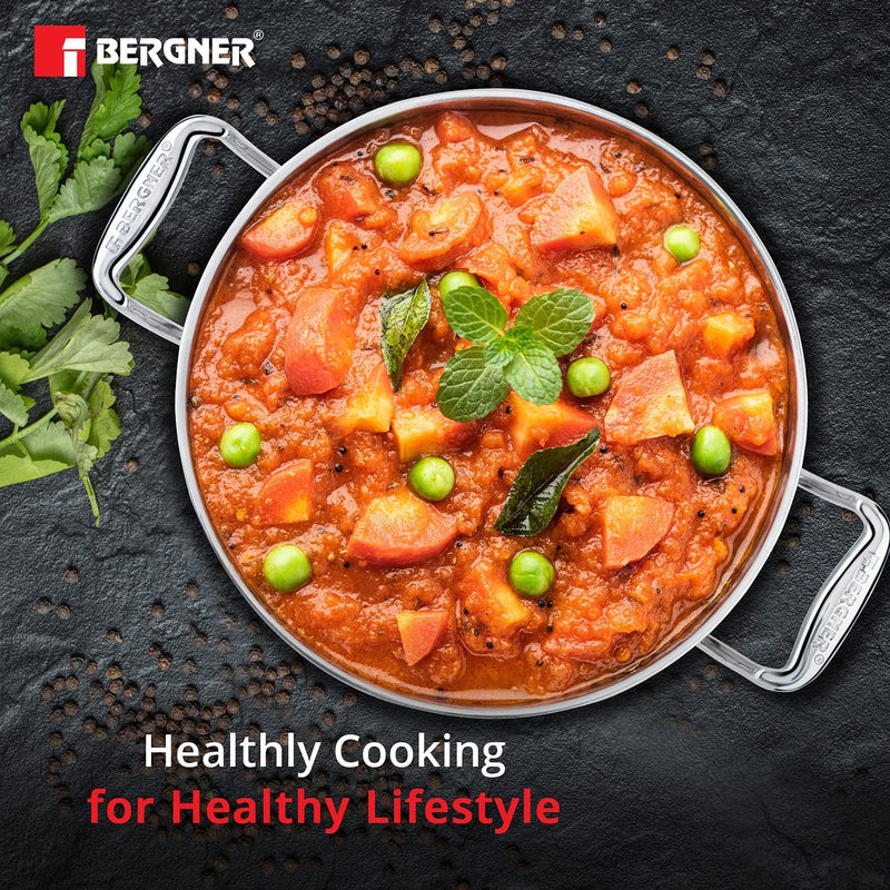 Bergner Argent Tri-Ply Stainless Steel Kadai with Stainless Steel Lid - Induction Bottom
