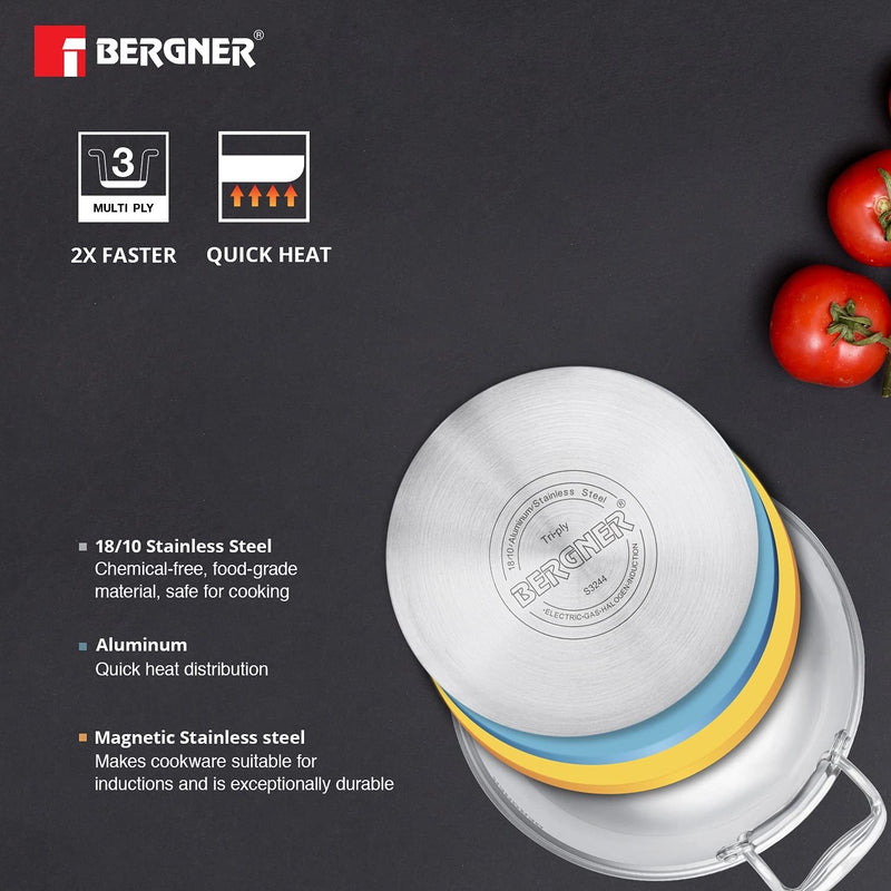Bergner Argent Tri-Ply Stainless Steel Kadai with Stainless Steel Lid - Induction Bottom