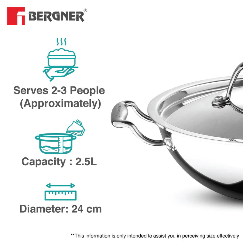 Bergner Argent Tri-Ply Stainless Steel Kadai with Stainless Steel Lid - Induction Bottom