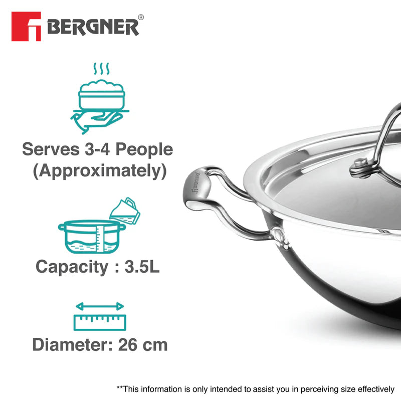Bergner Argent Tri-Ply Stainless Steel Kadai with Stainless Steel Lid - Induction Bottom