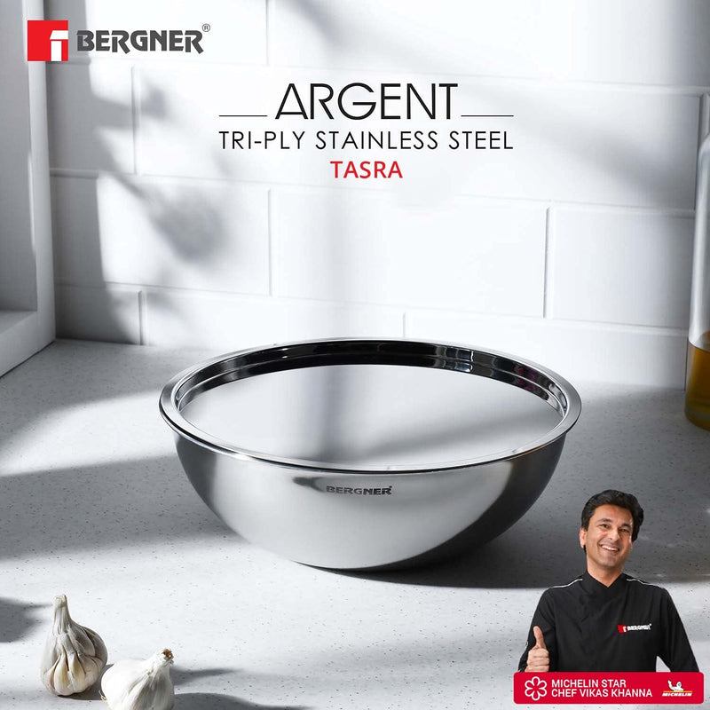 Bergner Argent Tri-Ply Stainless Steel Tasra with Stainless Steel Lid - Induction Bottom