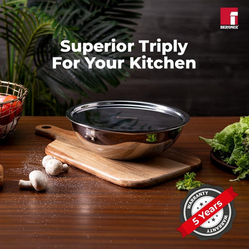 Bergner Argent Tri-Ply Stainless Steel Tasra with Stainless Steel Lid - Induction Bottom