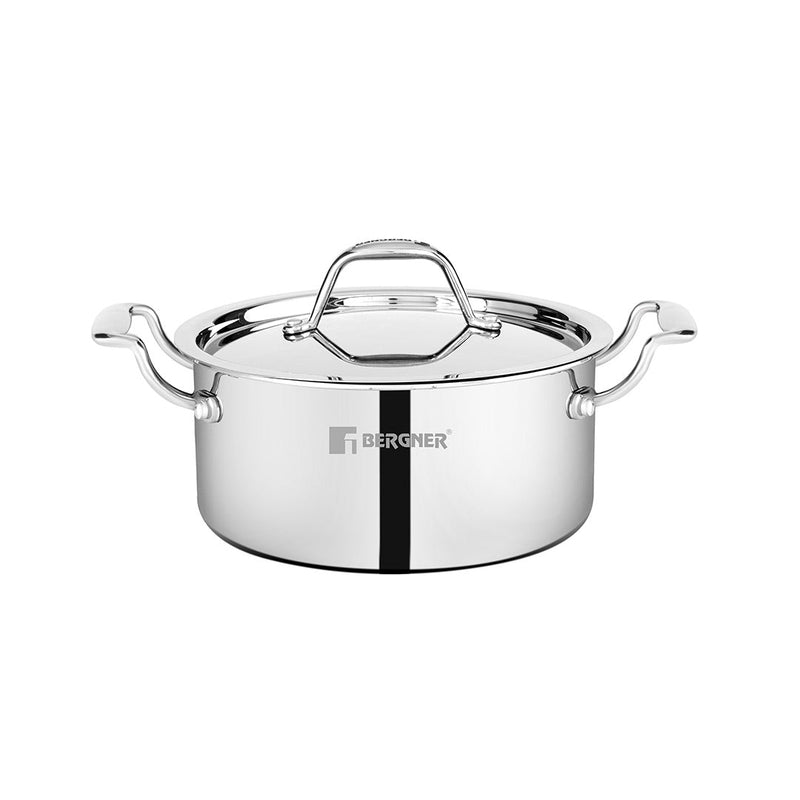 Bergner Argent Tri-Ply Stainless Steel Casserole with Stainless Steel Lid - Induction Bottom