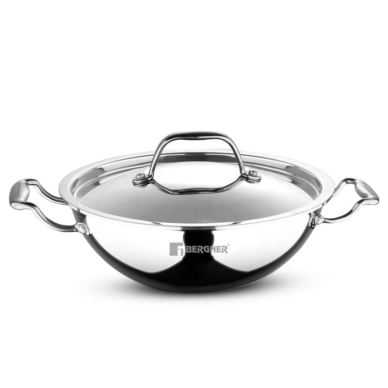 Bergner Argent Tri-Ply Stainless Steel Kadai with Stainless Steel Lid - Induction Bottom