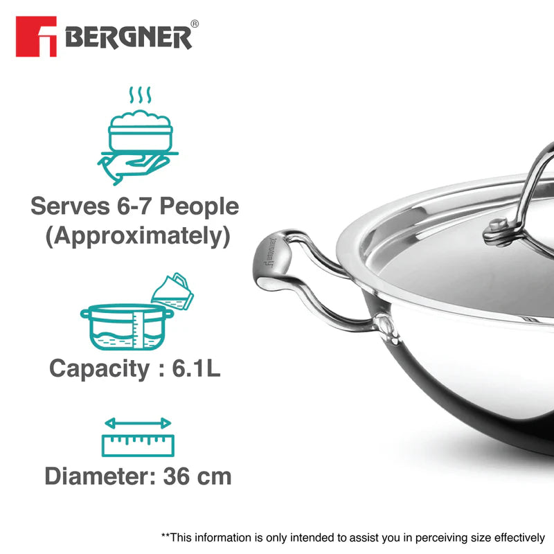 Bergner Argent Tri-Ply Stainless Steel Kadai with Stainless Steel Lid - Induction Bottom