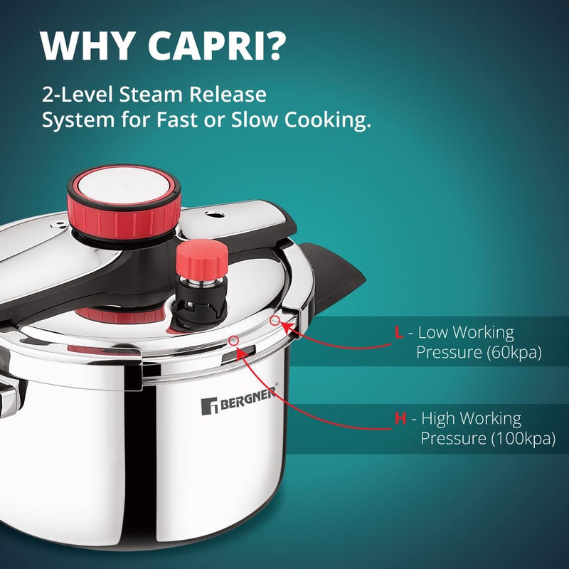 Bergner Capri Tri-Ply Pressure Cooker with Low and High Pressure Settings, Safety Lock