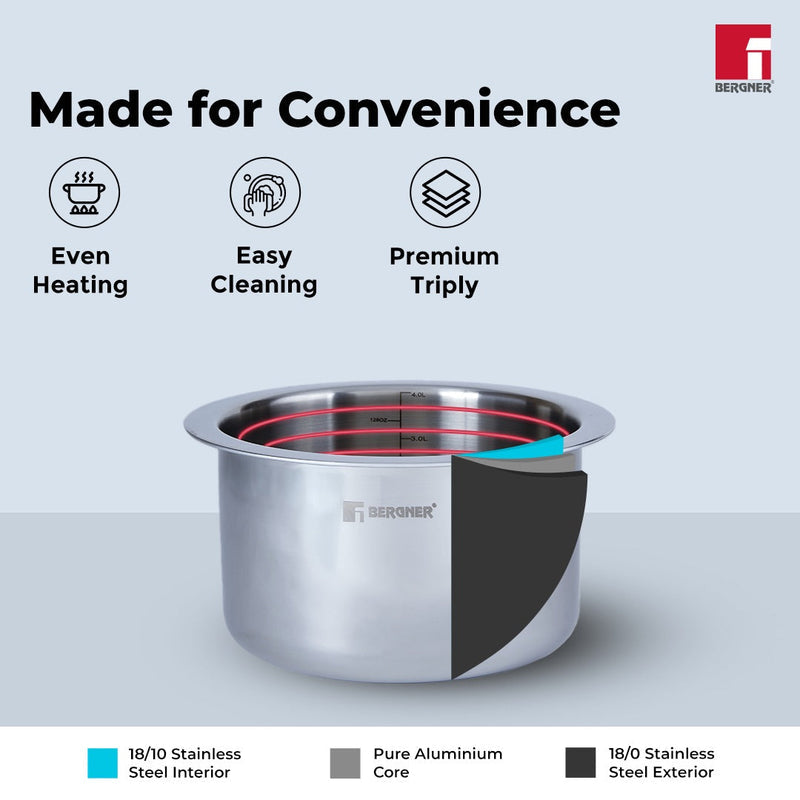 Bergner Argent Tri-Ply Stainless Steel Tope with Stainless Steel Lid - Induction Bottom