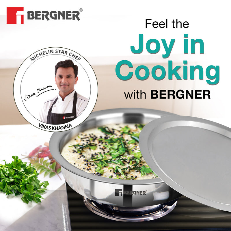 Bergner Argent Tri-Ply Stainless Steel Lagdi with Stainless Steel Lid - Induction Bottom