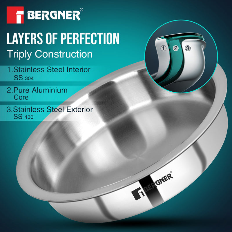 Bergner Argent Tri-Ply Stainless Steel Lagdi with Stainless Steel Lid - Induction Bottom