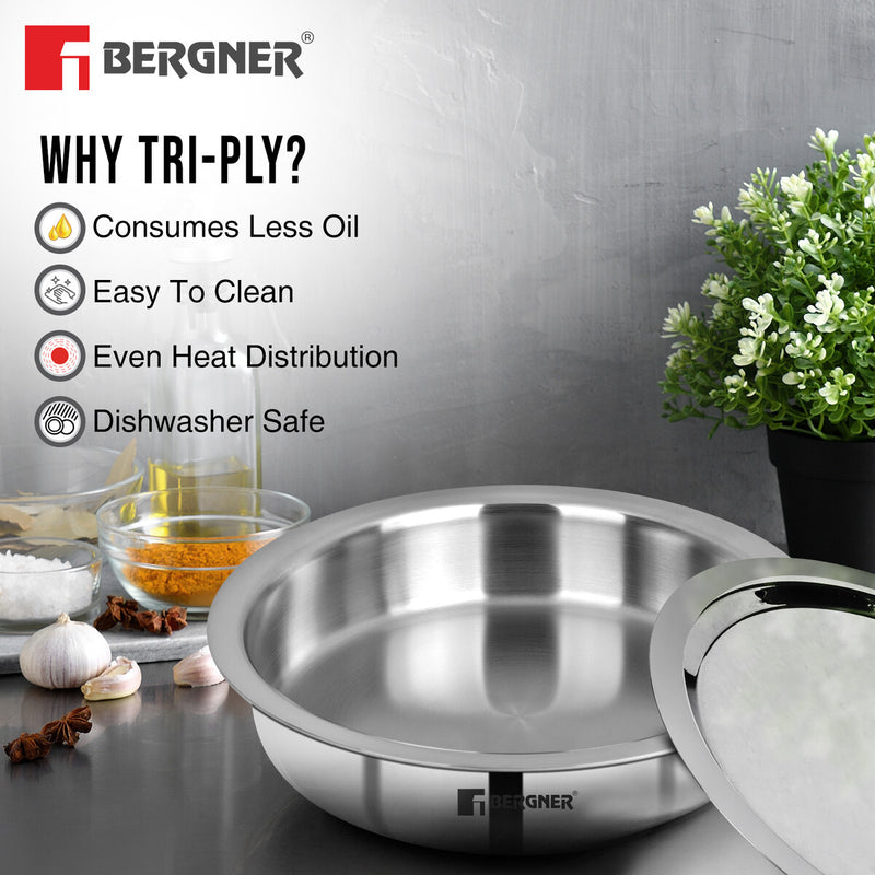 Bergner Argent Tri-Ply Stainless Steel Lagdi with Stainless Steel Lid - Induction Bottom