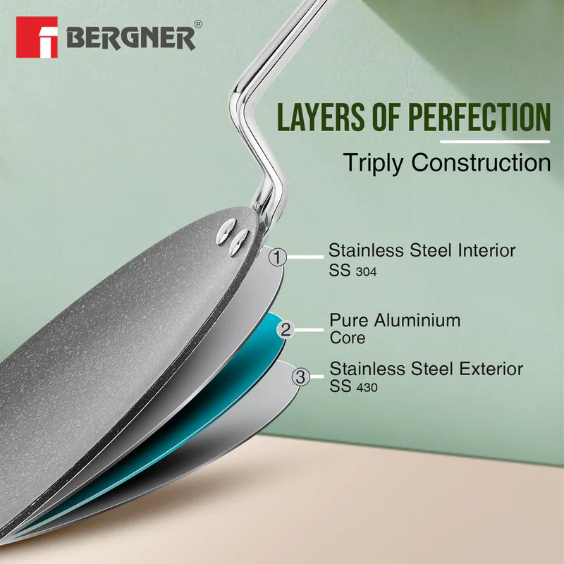 Bergner Argent Samsara Tri-Ply Stainless Steel Roti Tawa with Quantanium Non-Stick Coating - Induction Compatible