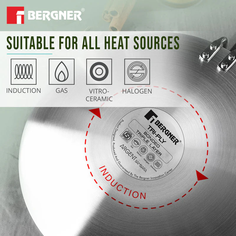 Bergner Argent Samsara Tri-Ply Stainless Steel Roti Tawa with Quantanium Non-Stick Coating - Induction Compatible