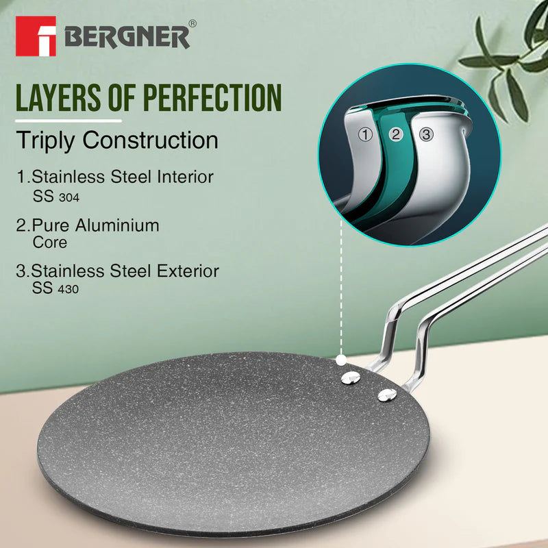 Bergner Argent Samsara Tri-Ply Stainless Steel Roti Tawa with Quantanium Non-Stick Coating - Induction Compatible