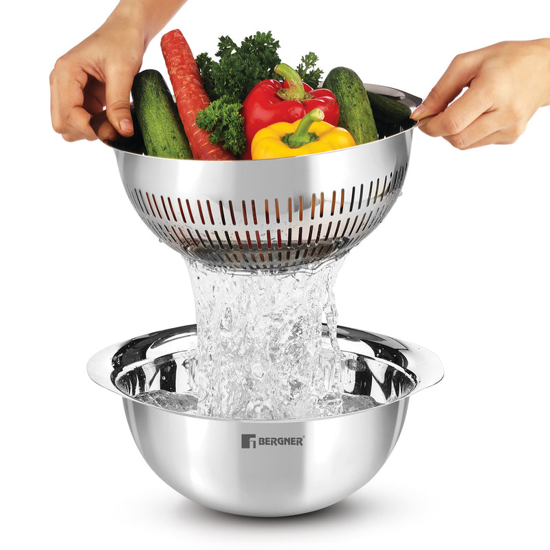 Bergner Stainless Steel Uni Colander and Mixing Bowl, 2 in 1 Stainless Steel 26 cm (3.6 Liters) Mixing Bowl and Colander