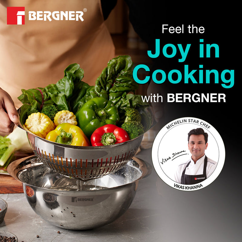 Bergner Stainless Steel Uni Colander and Mixing Bowl, 2 in 1 Stainless Steel 26 cm (3.6 Liters) Mixing Bowl and Colander