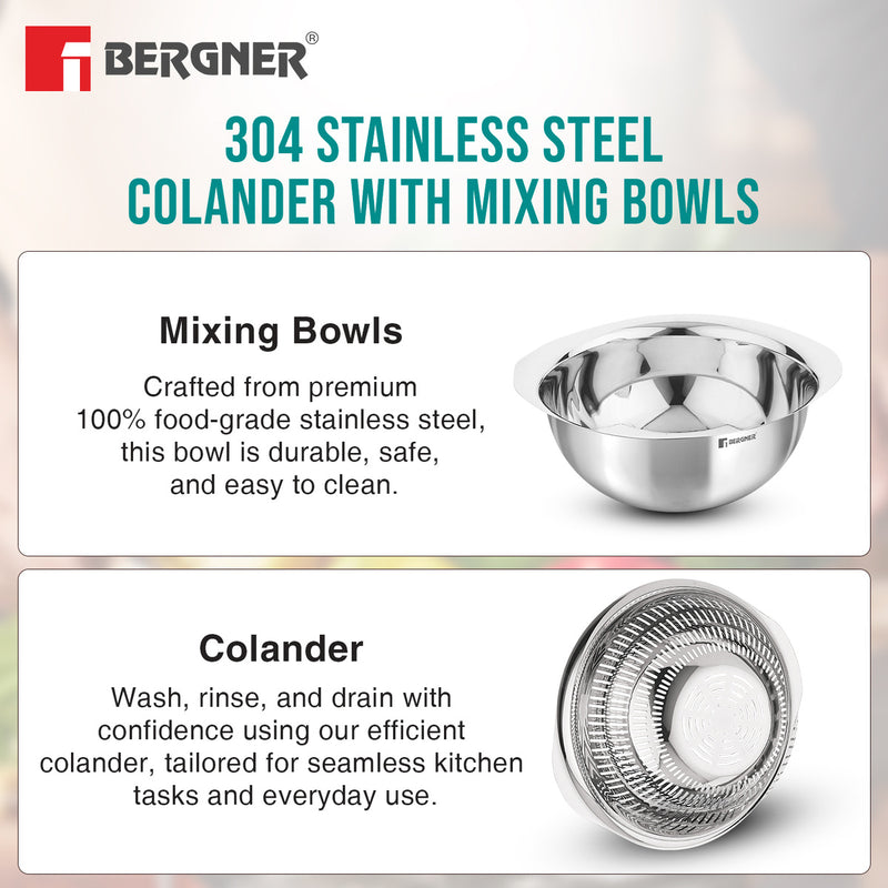 Bergner Stainless Steel Uni Colander and Mixing Bowl, 2 in 1 Stainless Steel 26 cm (3.6 Liters) Mixing Bowl and Colander