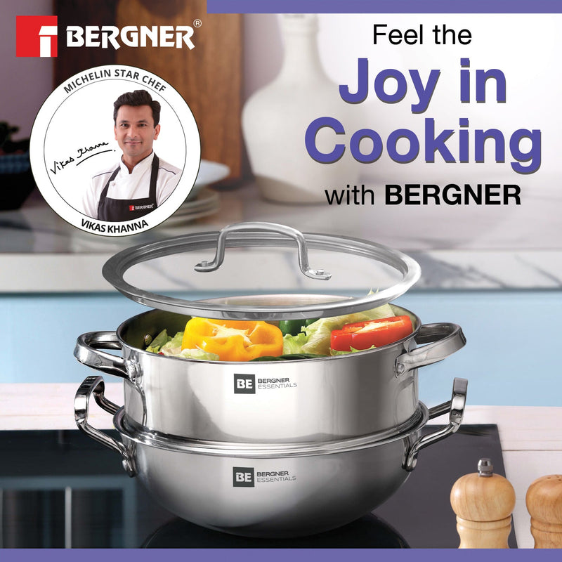 Bergner BE Essentials Tri-Ply Stainless Steel 3 Pcs Cookware Set - 24 cm Kadai and Steamer with Common Flat Glass Lid - Induction Bottom (5-Year Warranty)